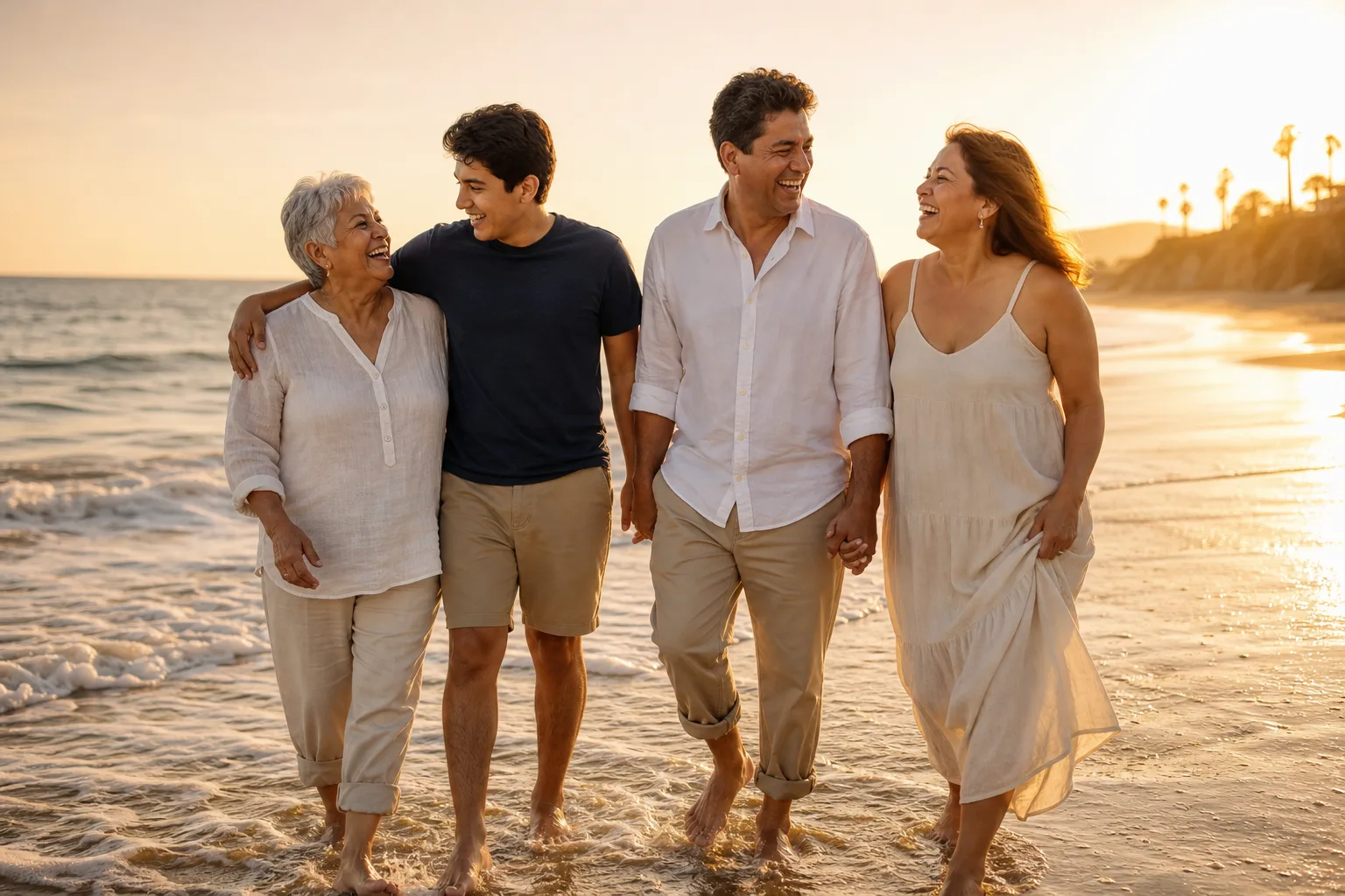 A multigenerational family laughing together as they walk along the beach at sunset