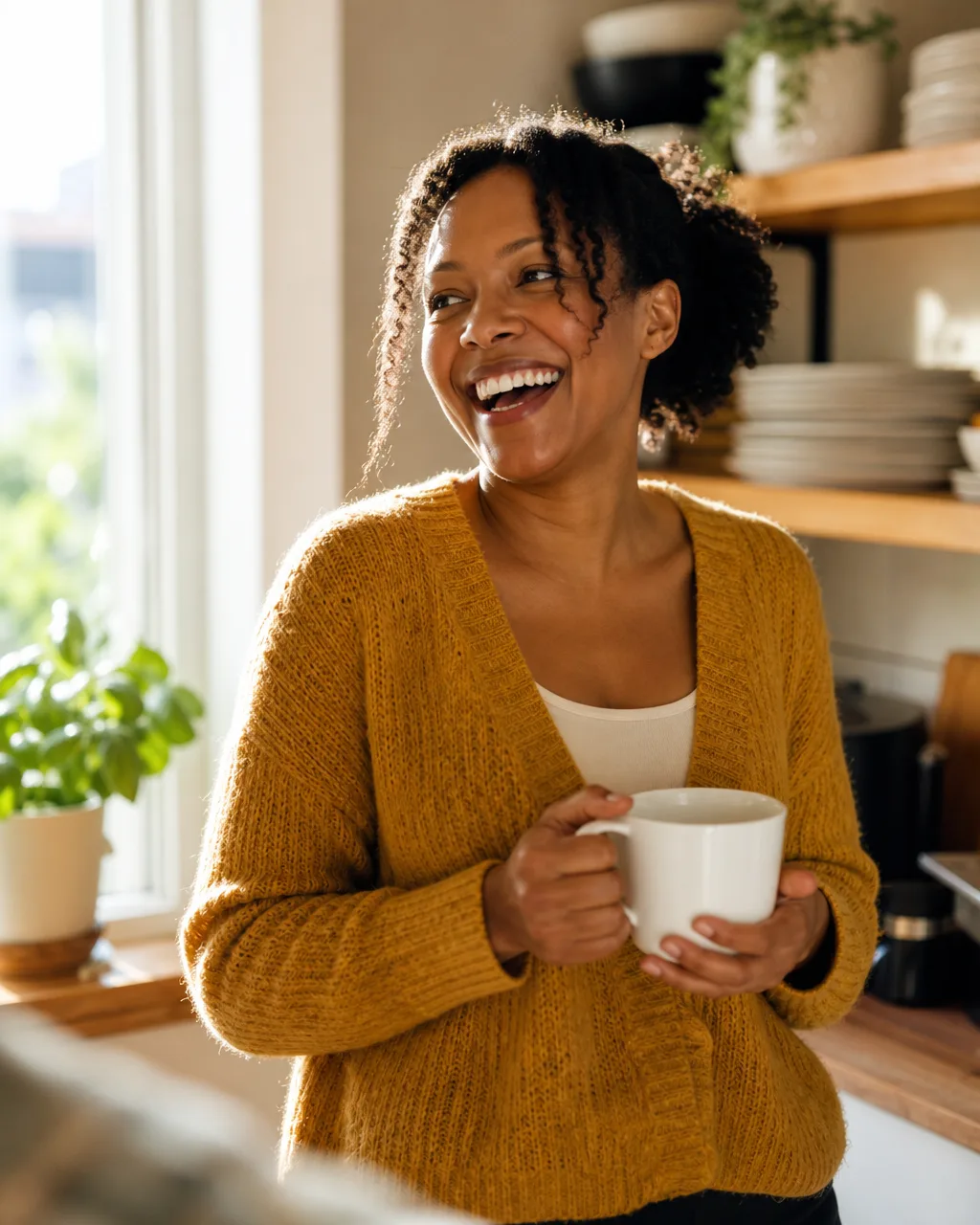 A smiling woman holding a mug in her sunlit kitchen at home